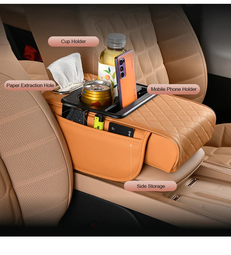 Universal Leather Car Armrest Cover With Storage Box and Cushion Mat