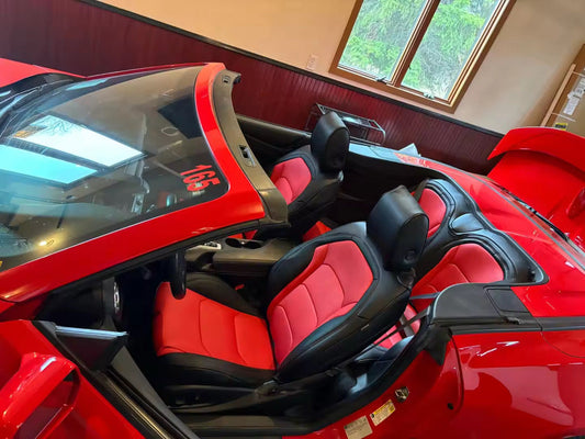 2022 Camaro La Coupe interior showing custom red and black seat covers