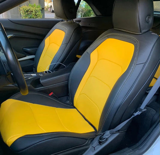 Custom yellow and black artificial nappa leather seat covers installed on Camaro La Coupe 2022 front seats
