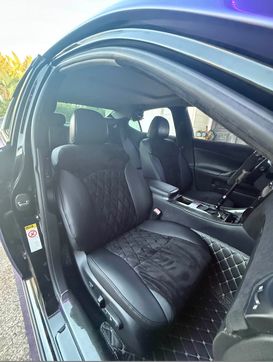 Front seats of Lexus IS with custom black artificial Nappa leather and black suede diamond quilted seat covers