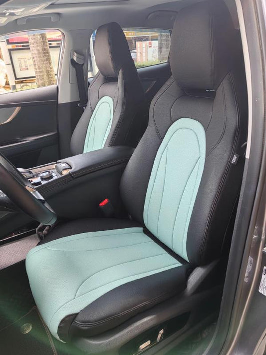 Front seats of Chery C5 with custom light blue and black artificial Nappa leather seat covers
