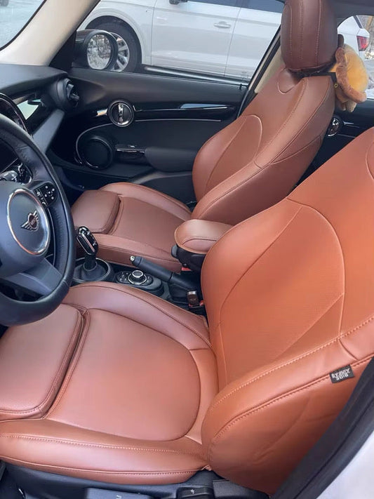 Front seats of Mini Countryman covered in caramel artificial nappa leather seat covers