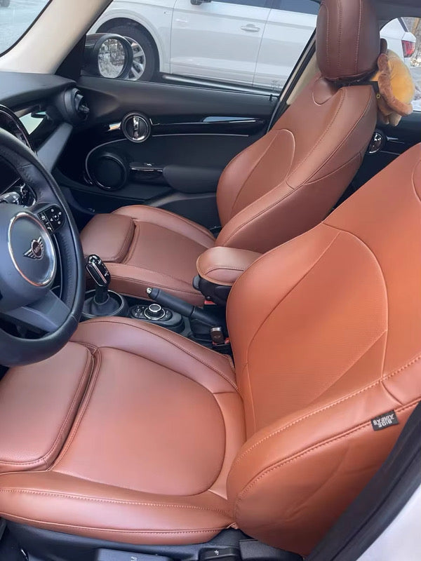 Front seats of Mini Countryman covered in caramel artificial nappa leather seat covers