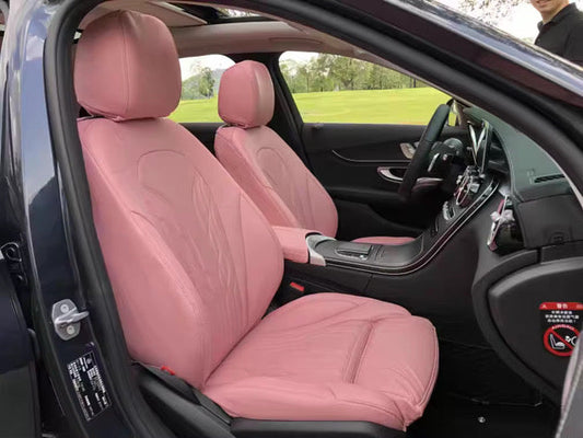 Front seats of Mercedes Benz GLA with light pink artificial nappa leather seat covers