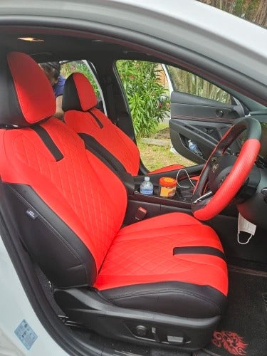 Front seats of Mercedes Benz GLC with custom red and black artificial Nappa leather seat covers featuring diamond quilting