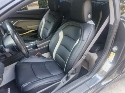 Front black artificial Nappa leather seat cover with gray accents on a 2022 Camaro La Coupe