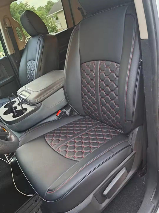 Front seat cover in black artificial Nappa leather with red honeycomb stitching in RAM 1500